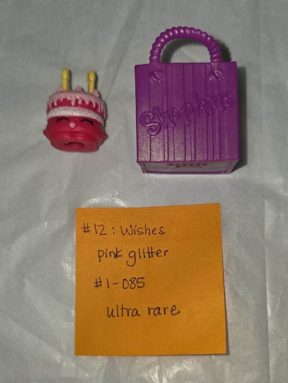 Ultra Rare- Shopkins Wishes Pink Glitter Cake & Purple Mini Tote